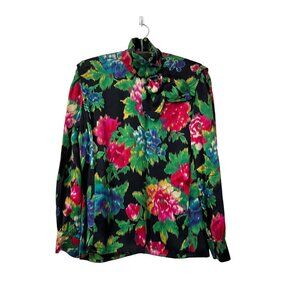 VTG Escada Maragaretha Ley Multicolor Floral Silk Bow Button Back Blouse 38 US 8